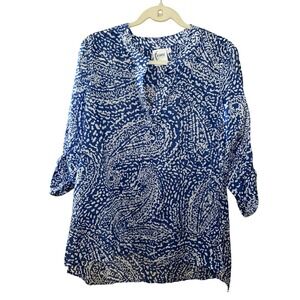 Finley Womens Blue White Paisley Cotton Tunic Roll Tab Sleeve Blouse Size M USA‎